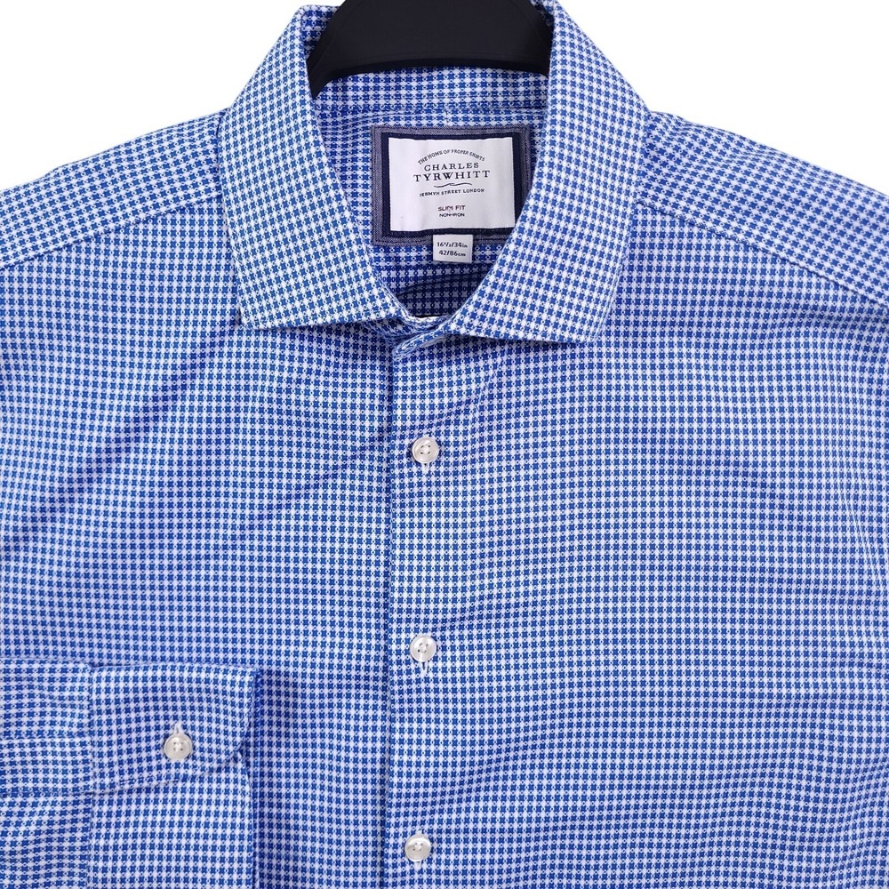 Charles Tyrwhitt Dress Shirt 16.5 34 Slim Fit Non Iron Blue White Check Dobby